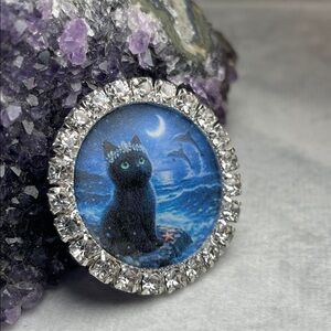 Feline Familiar Moonlit Black Cat Crystal Bezel- Blue Artisan Magnet Or Broach